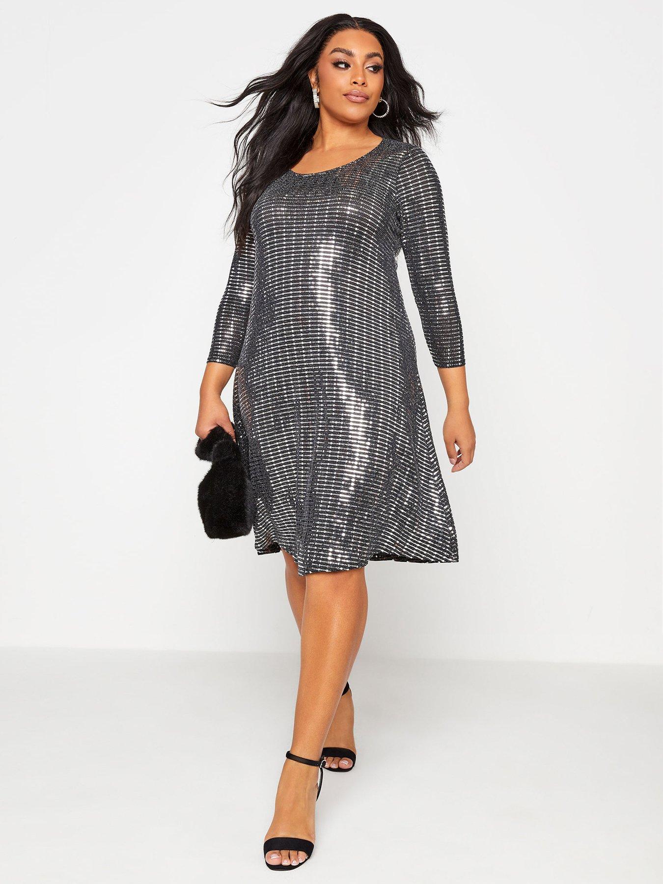 Dresses Yours London Three Quarter Sleeve Sequin Party Swing Dress - Silver