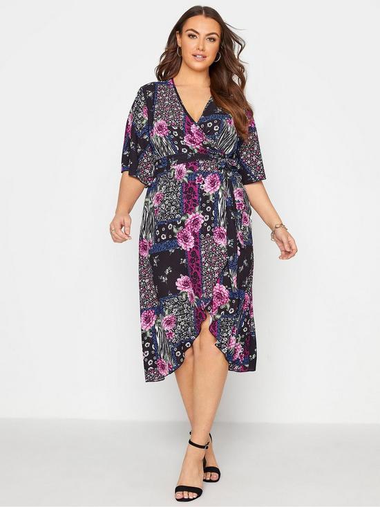 front image of yours-london-patchwork-animal-floral-wrap-dress