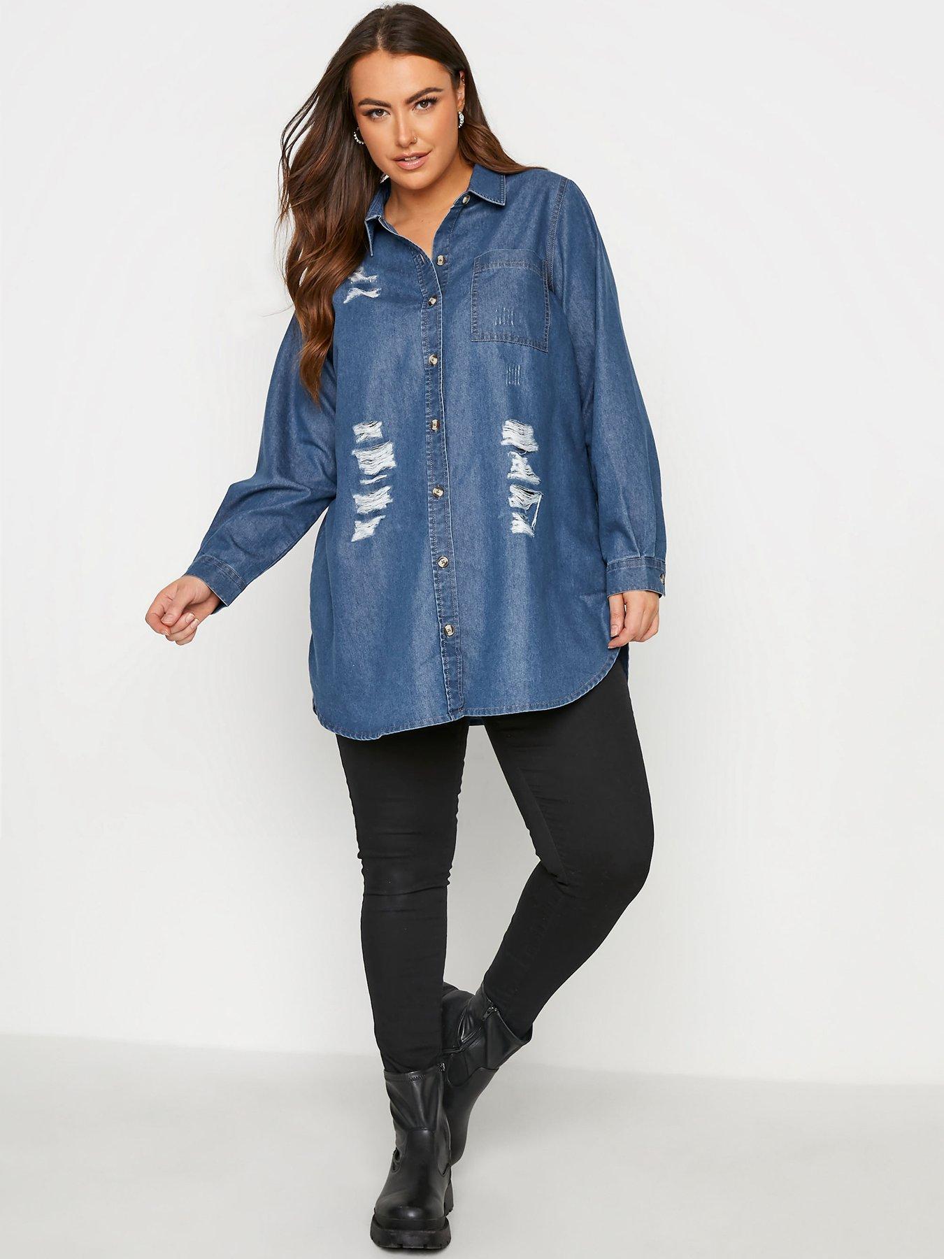  Yours Clothing Distressed Denim Shirt - Blue
