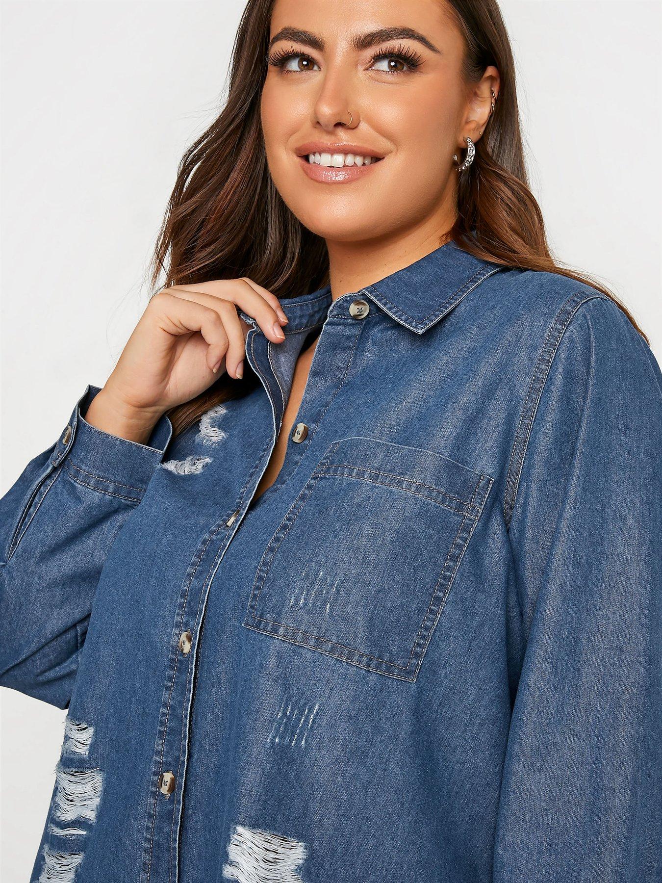  Yours Clothing Distressed Denim Shirt - Blue
