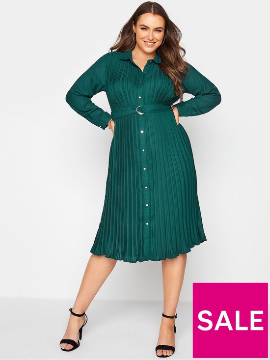 front image of yours-london-pleat-shirt-dress-green