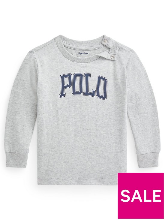front image of ralph-lauren-baby-boys-long-sleeve-polo-logo-t-shirt-grey