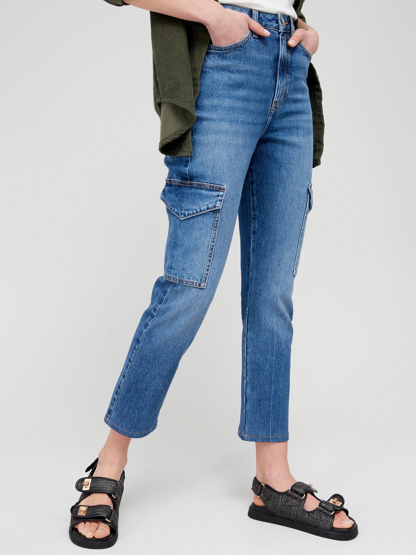  Girlfriend Straight Leg Jeans with Cargo Pockets - Mid Wash