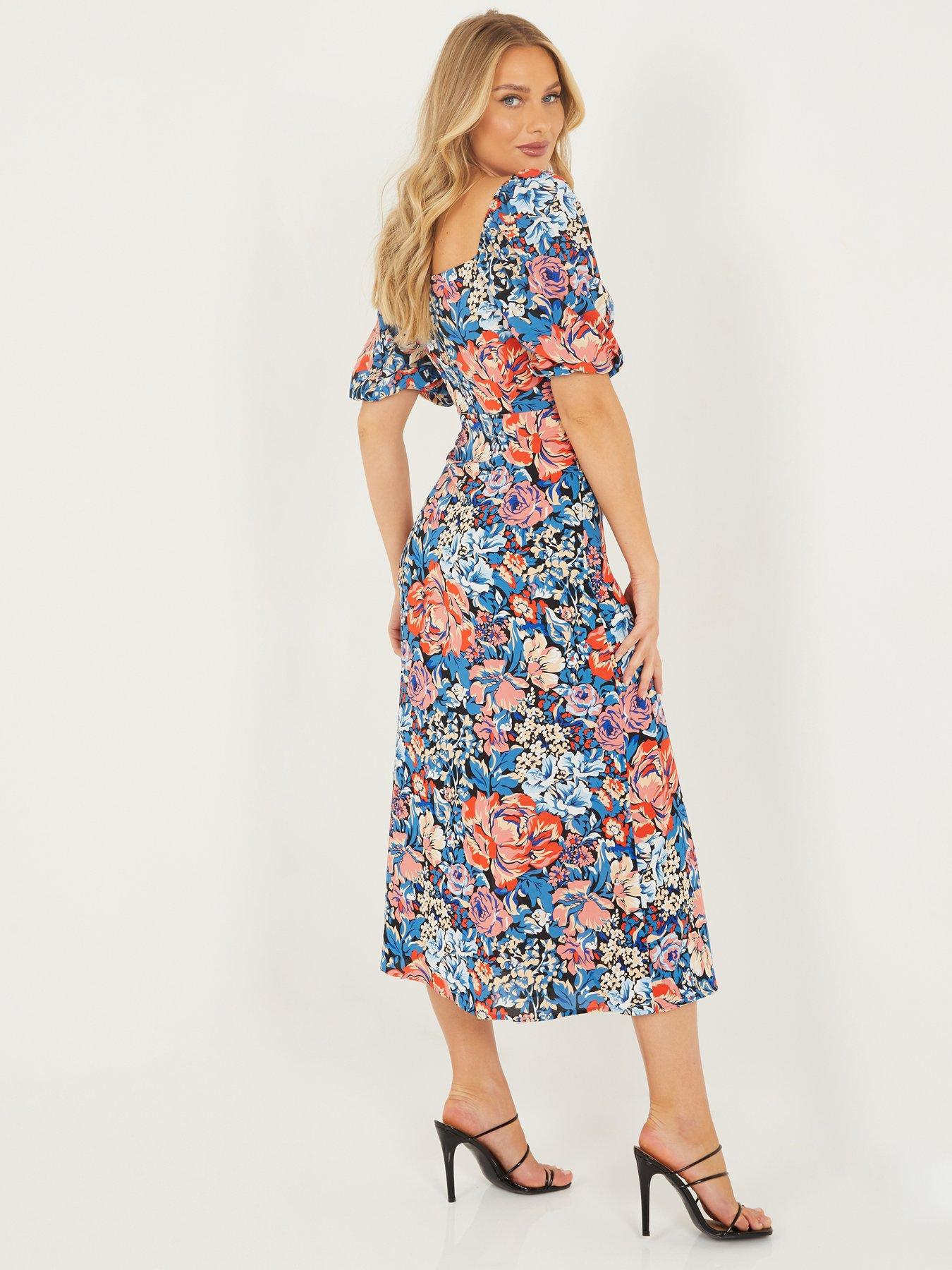Quiz Floral Print Midi Dress - Blue/Coral | very.co.uk