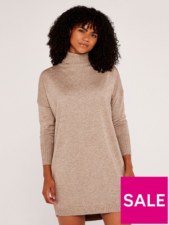 front image of apricot-full-roll-neck-cocoon-jumper-dress-brown