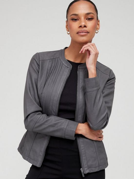 front image of v-by-very-pintuck-faux-leather-jacket-grey
