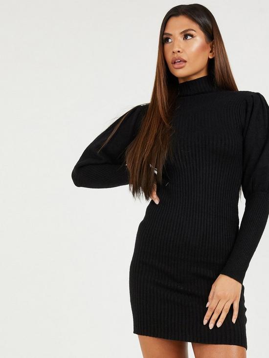 front image of quiz-puff-sleeve-knitted-jumper-dress
