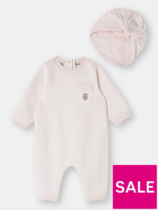 front image of river-island-baby-girls-rr-branded-romper-withnbsphat--nbsppink