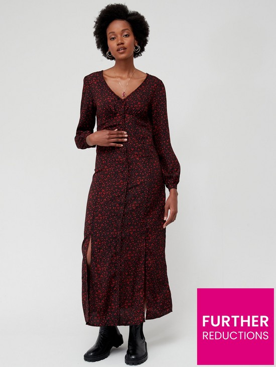 front image of brave-soul-split-front-woven-midi-dress-red-print