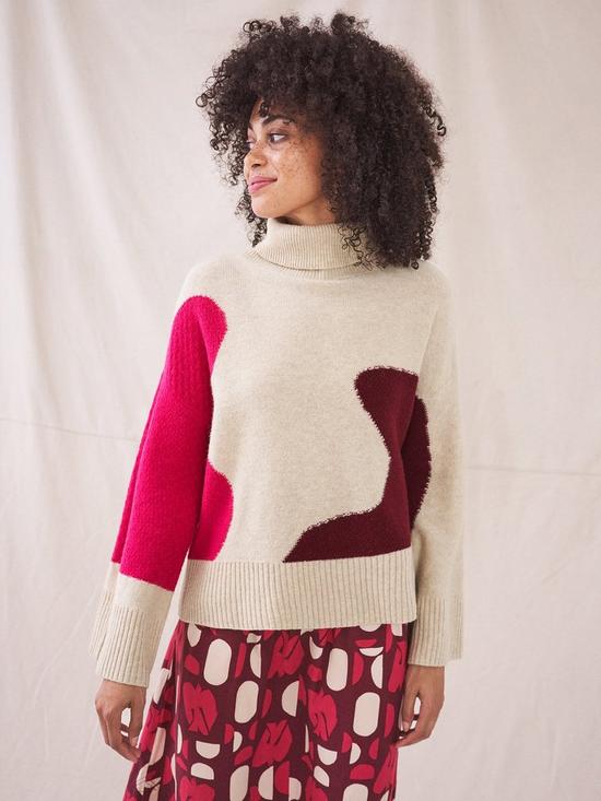 front image of white-stuff-abstract-wool-mix-funnel-neck-jumper-plum