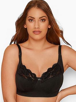 yours clothing black non wired cotton lace trim bra