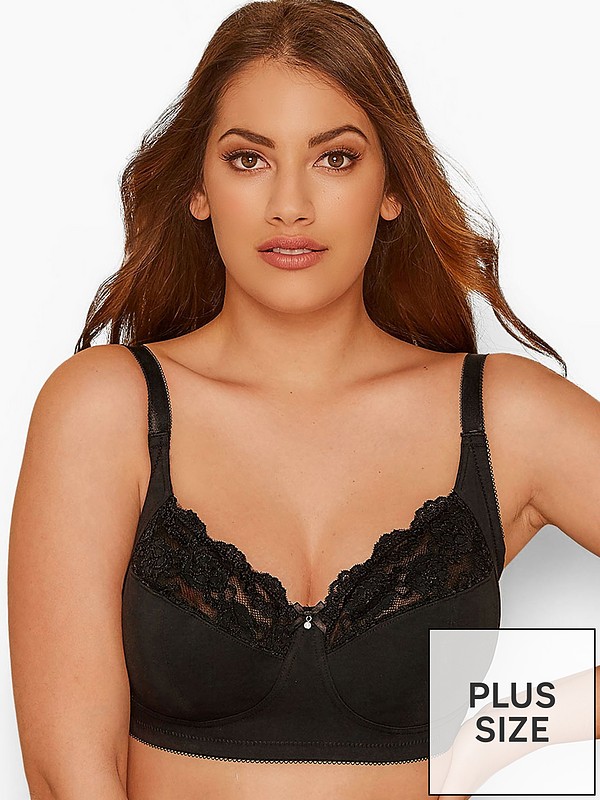 Yours Clothing Black Non Wired Cotton Lace Trim Bra