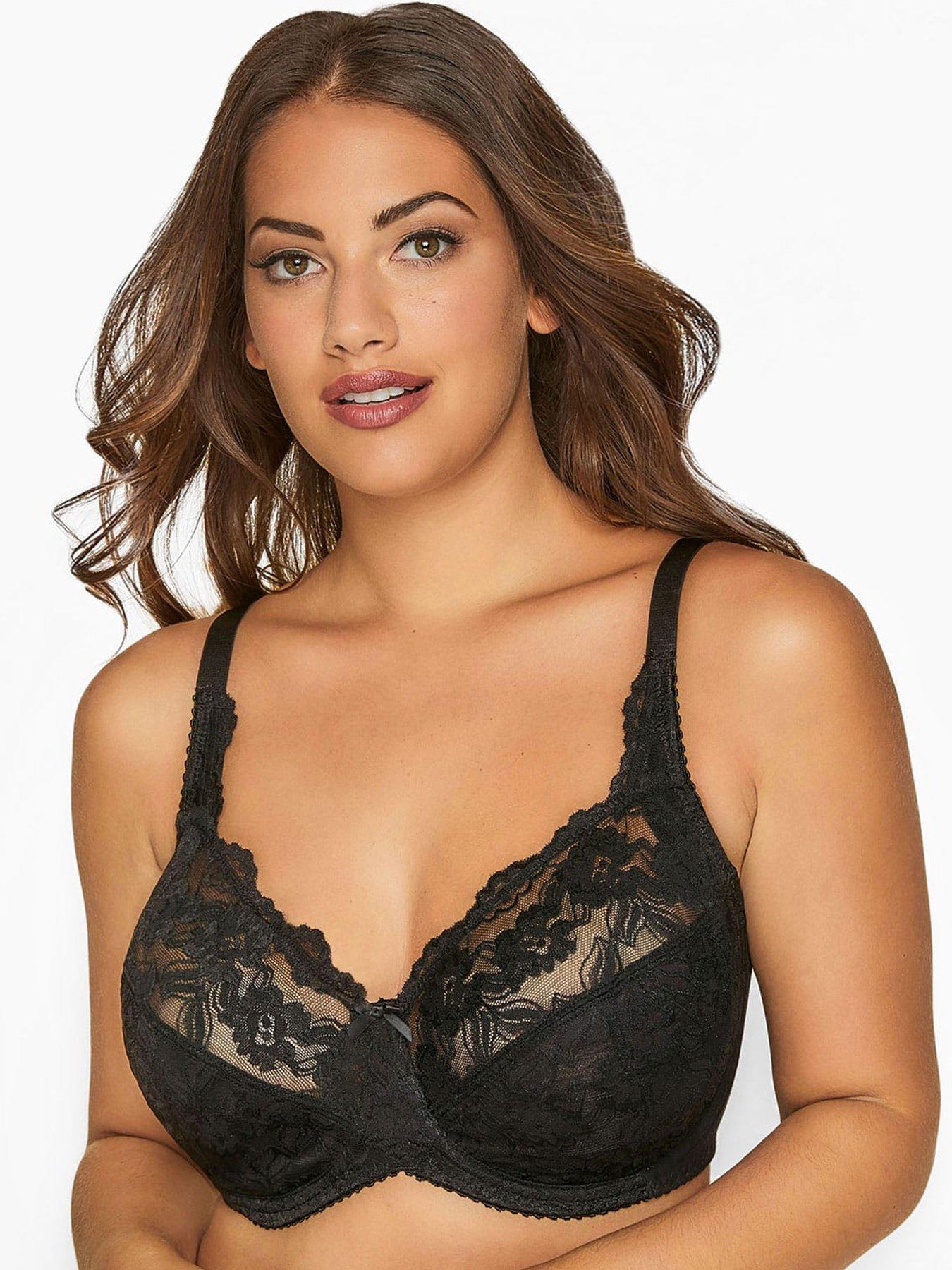 Yours Clothing Black Stretch Lace Underwire Bra, Black, Size 42D, Women