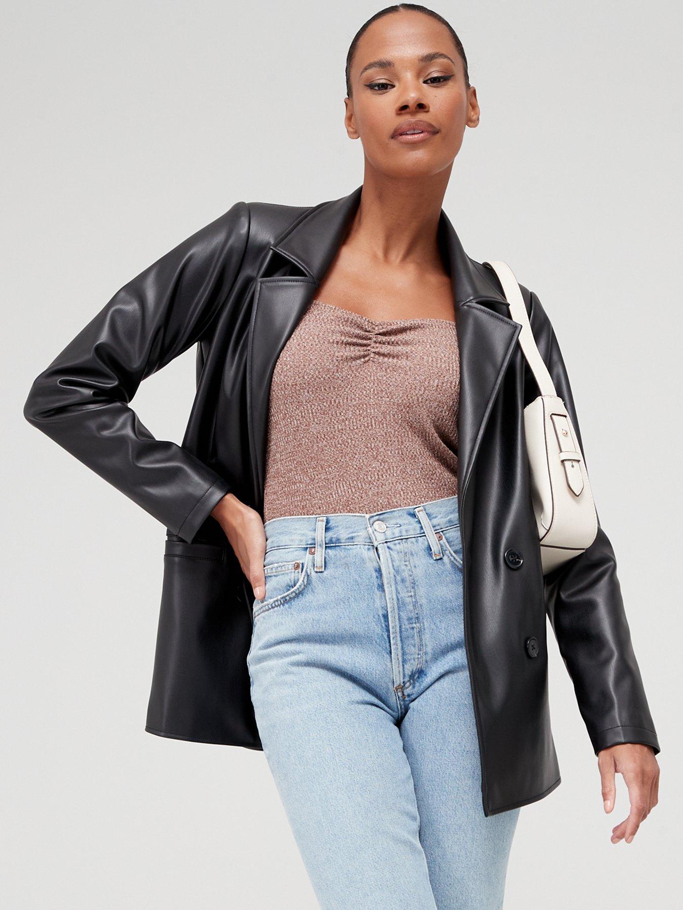 Faux Leather Boyfriend Blazer - Black