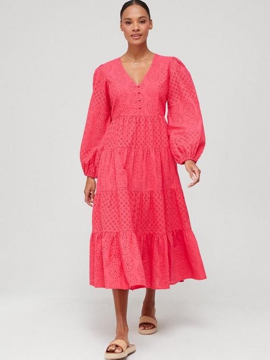 front image of v-by-very-psmock-broderie-midi-dress-ndash-pinknbspp