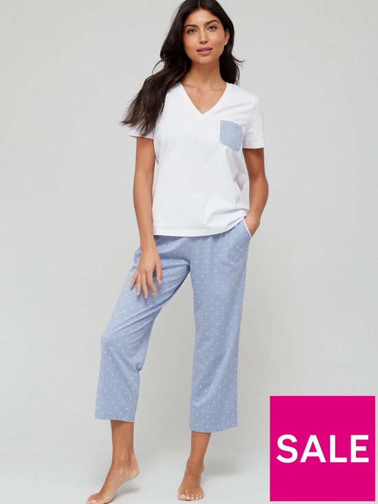 front image of v-by-very-spot-piping-detail-wide-leg-pyjamas-whitebluenbsp