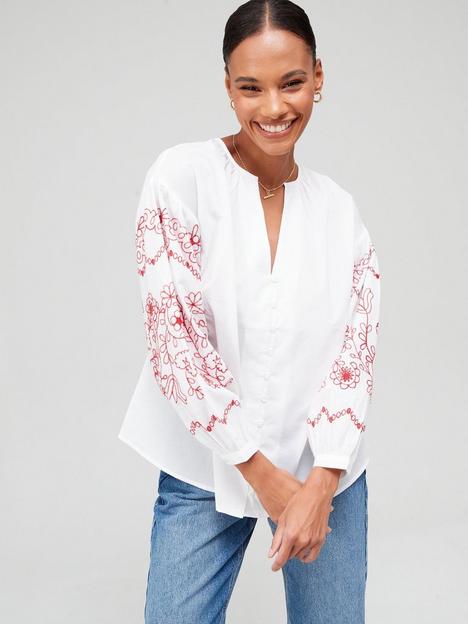 v-by-very-embroidered-sleeve-button-through-blouse-white