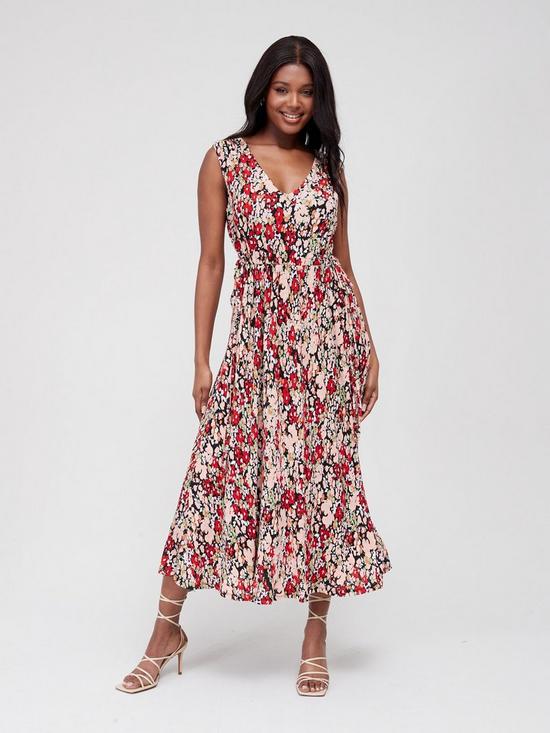 front image of v-by-very-crinkle-tie-side-midi-dress-red-print
