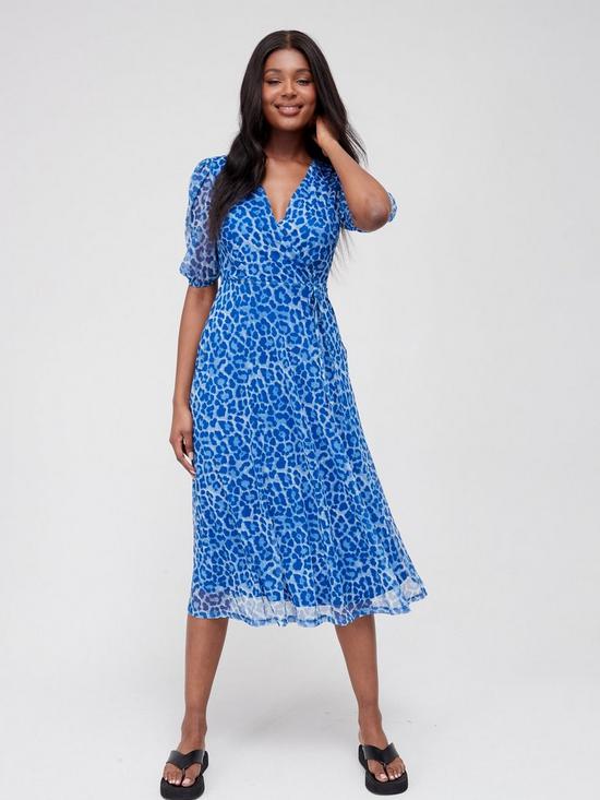 front image of v-by-very-wrap-mesh-printed-midi-dress-blue-animal-print