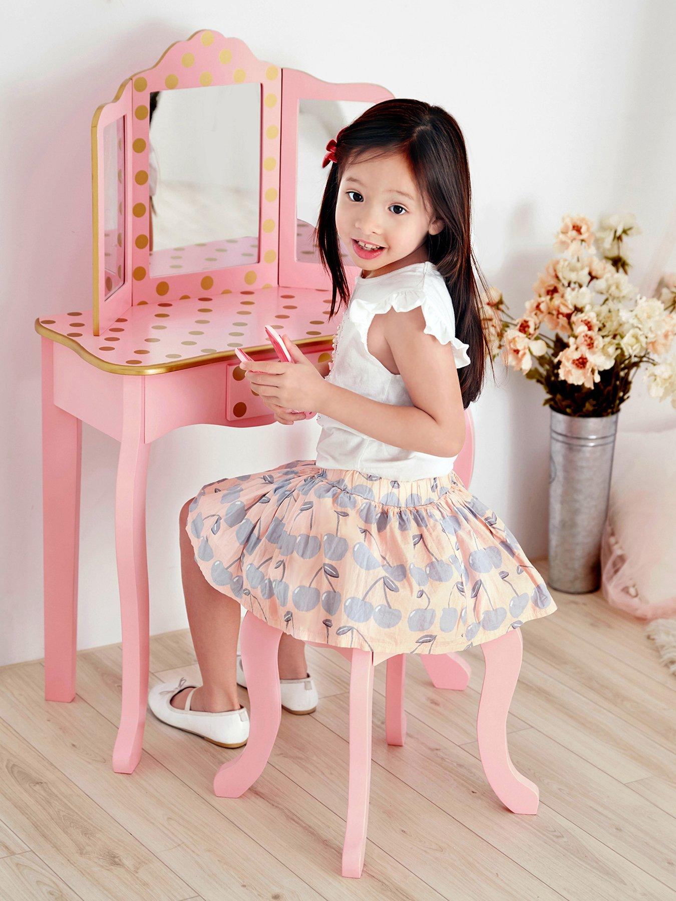 COSTWAY Kids Dressing Table and Stool Set, Girls Vanity Table with 360°  Rotating Mirror, Detachable Top & 3 Drawers, Cute Make Up Pretend Dresser  Desk for Toddlers