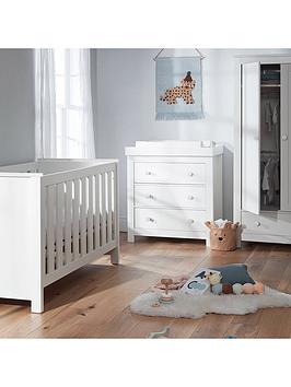 Product photograph of Cuddleco Aylesbury 3pc Set 3 Drawer Dresser Cot Bed And Wardrobe White from very.co.uk