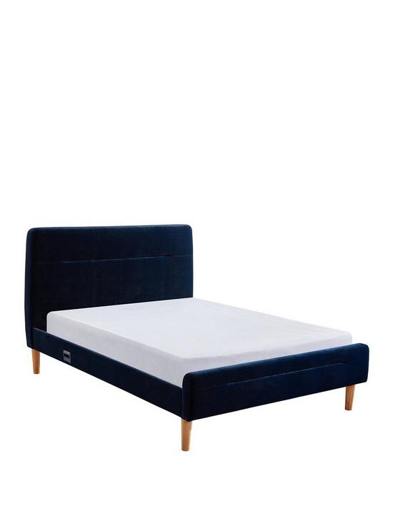 front image of koble-nodd-smart-fabric-bed-in-midnight-blue-velvet-with-wireless-charging
