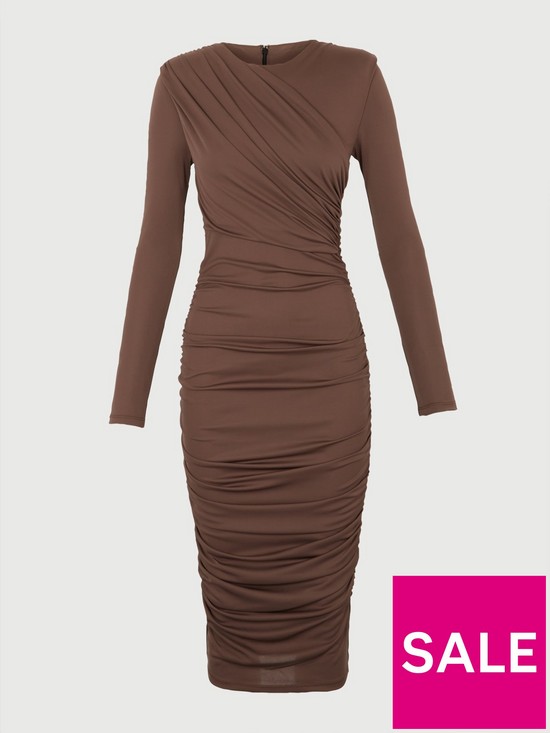 stillFront image of michelle-keegan-ruched-detail-bodycon-midi-dress-chocolate
