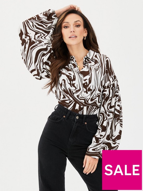 front image of michelle-keegan-printed-tie-back-blouse-print