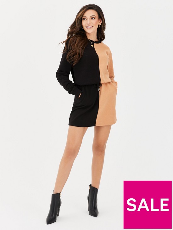 front image of michelle-keegan-colour-block-sweat-dress-blackcamel