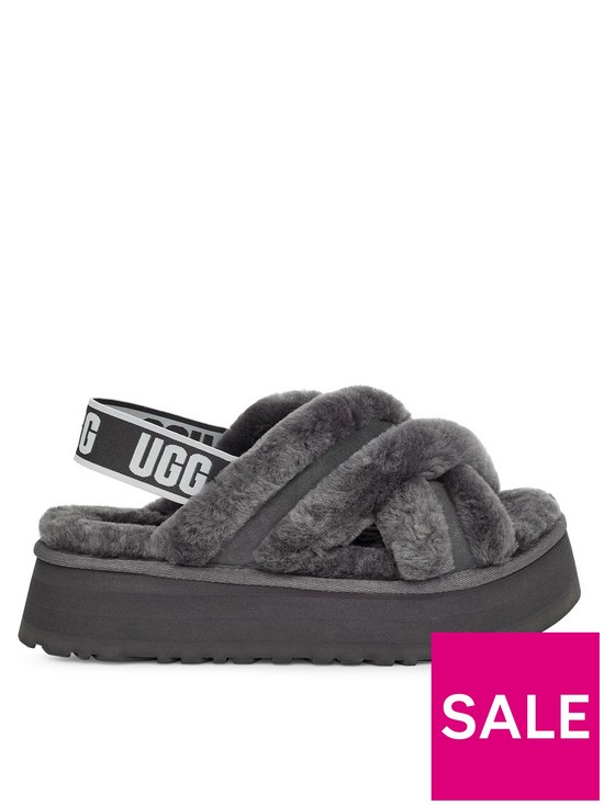 front image of ugg-disco-cross-slide-slippers-charcoal