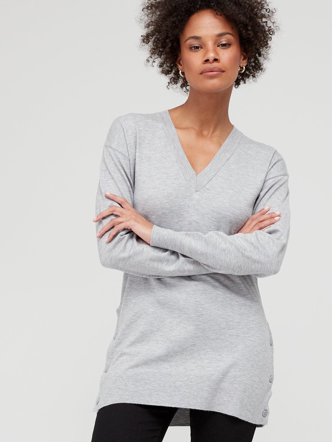  Knitted V-Neck Side Button Detail Longline Jumper - Grey Marl