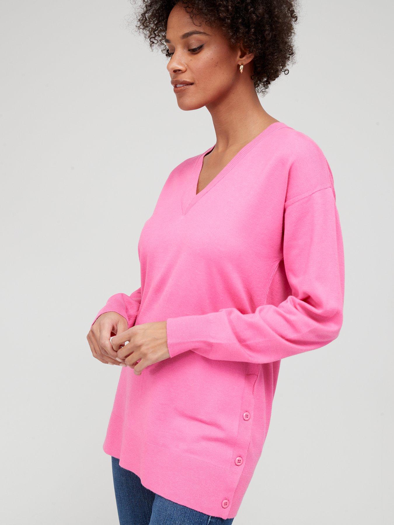 Knitted V-Neck Side Button Detail Longline Jumper - Pink
