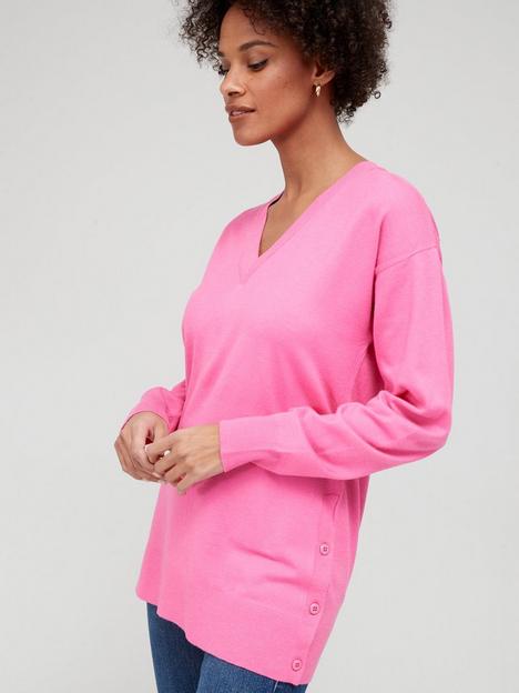 v-by-very-knitted-v-neck-side-button-detail-longline-jumper-pink