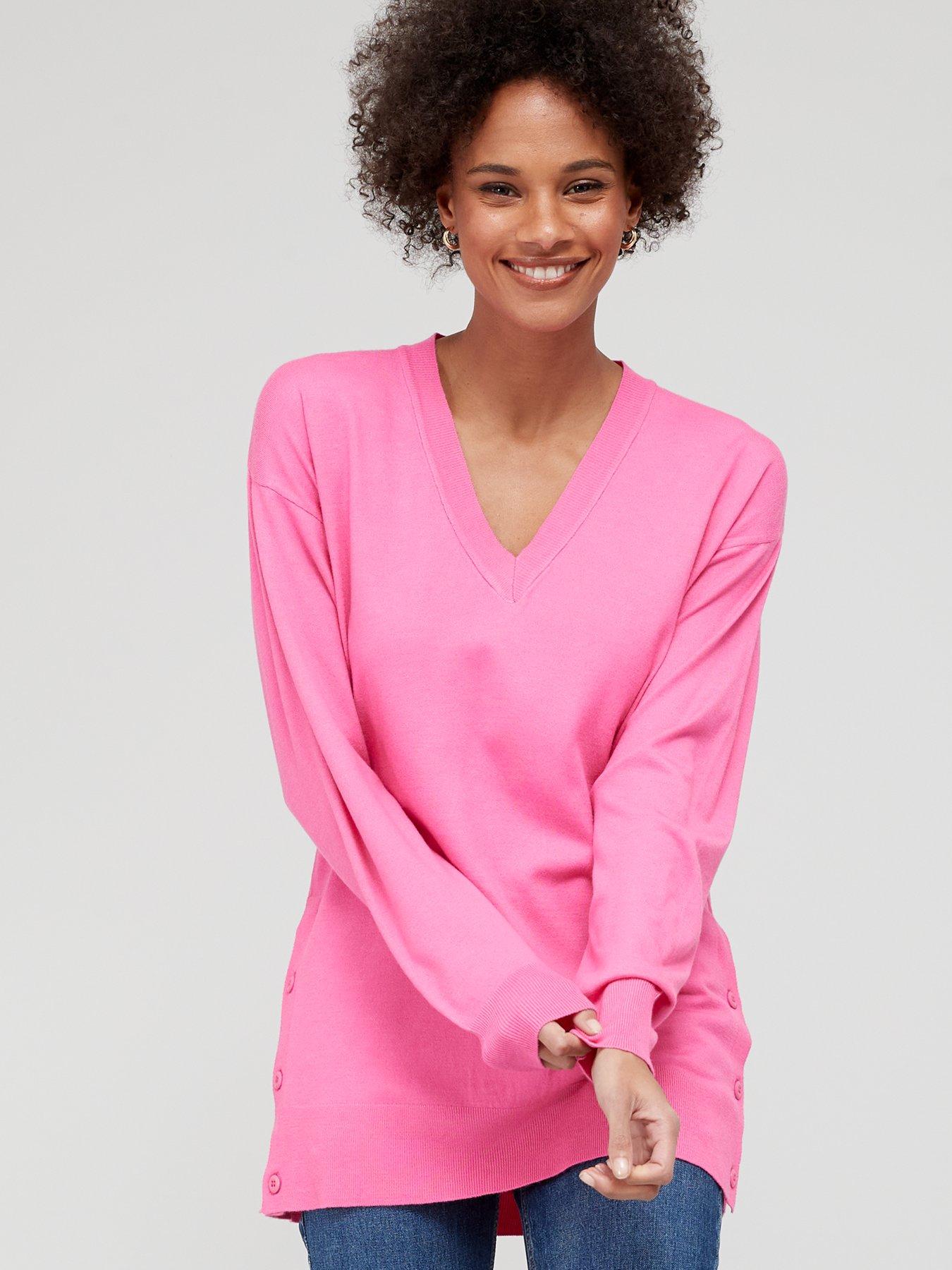  Knitted V-Neck Side Button Detail Longline Jumper - Pink