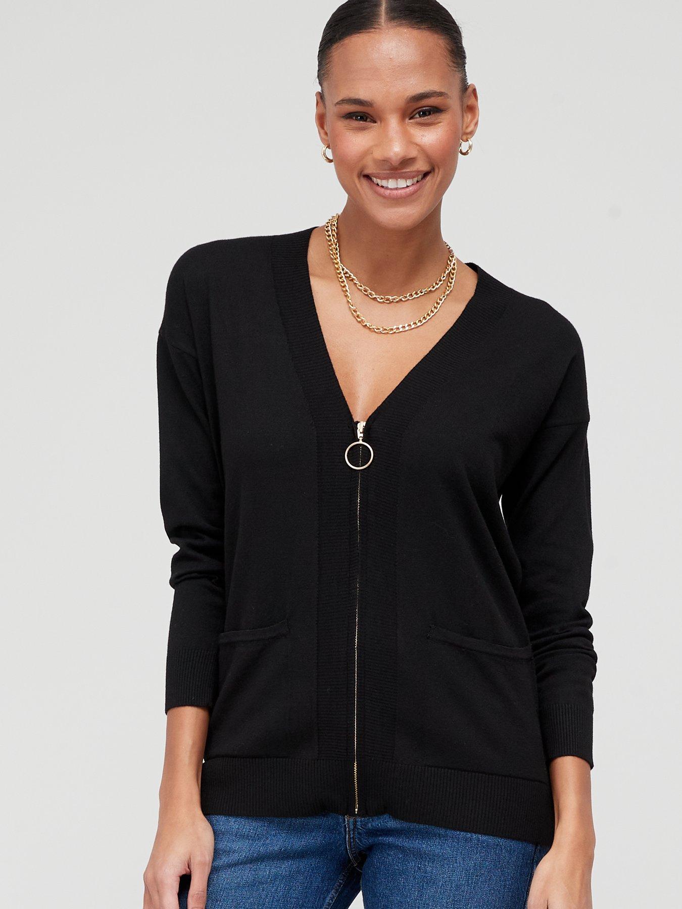 Women Knitted Zipped Cardigan with Pockets - Black