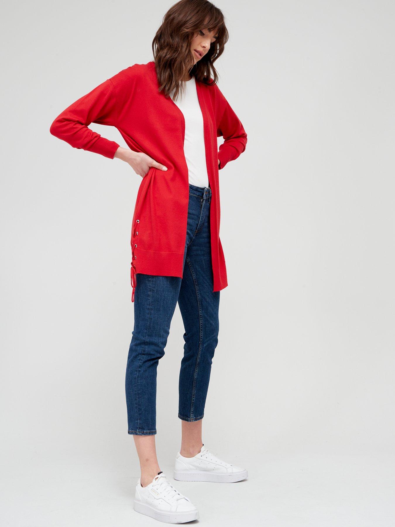 Knitwear Knitted Lace Up Longline Cardigan - Red