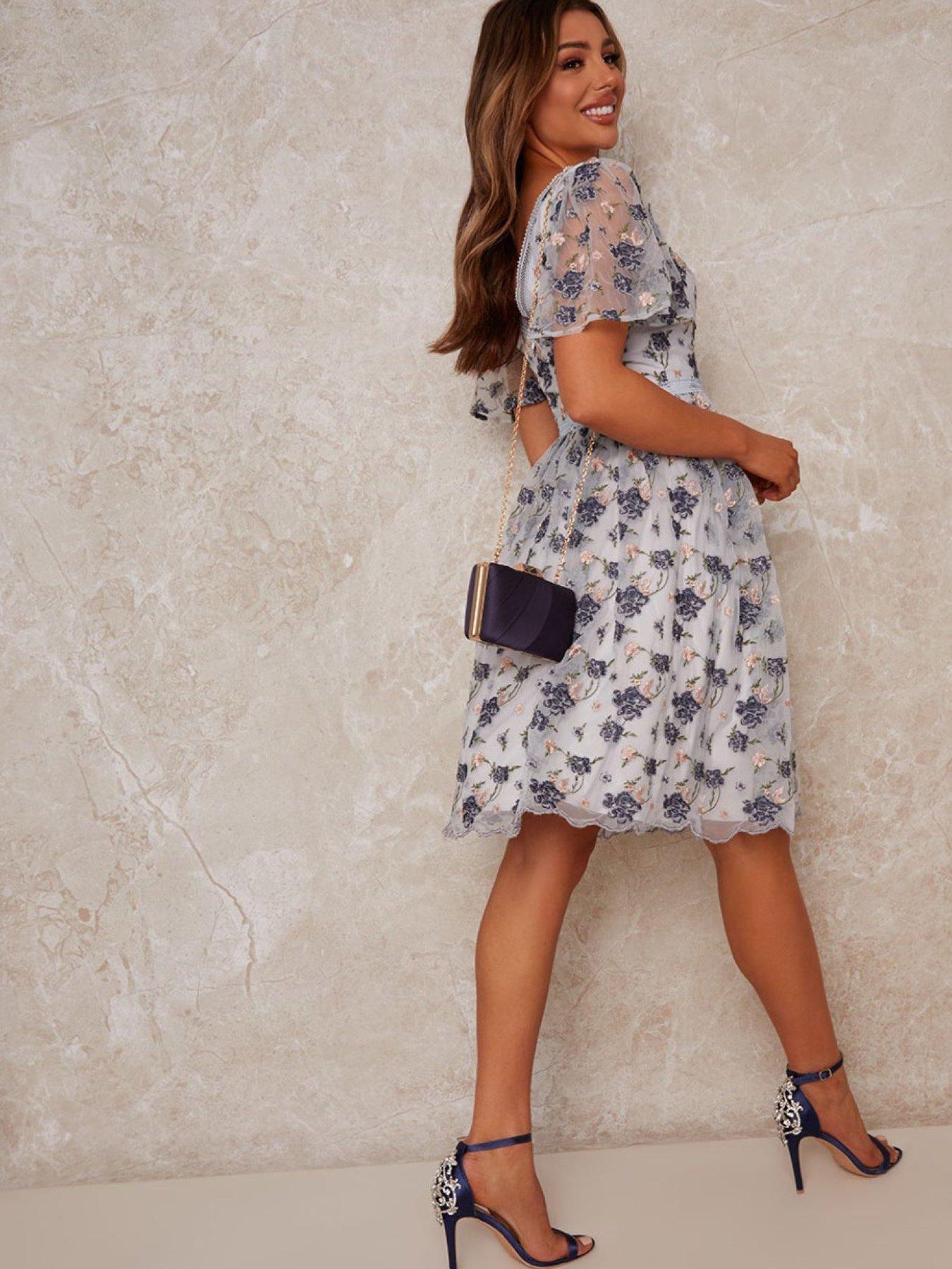 Chi Chi London V Neck Embroidered Lace Midi Dress Blue Very