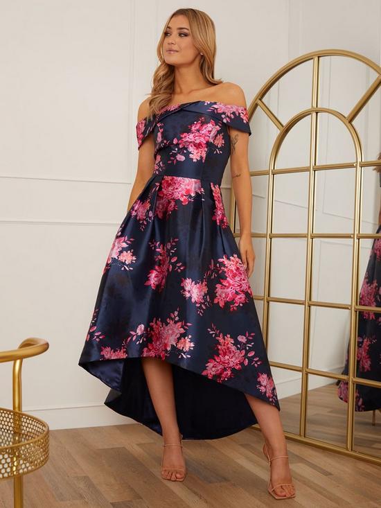Chi Chi London Bardot Floral Dip Hem Dress - Navy | very.co.uk
