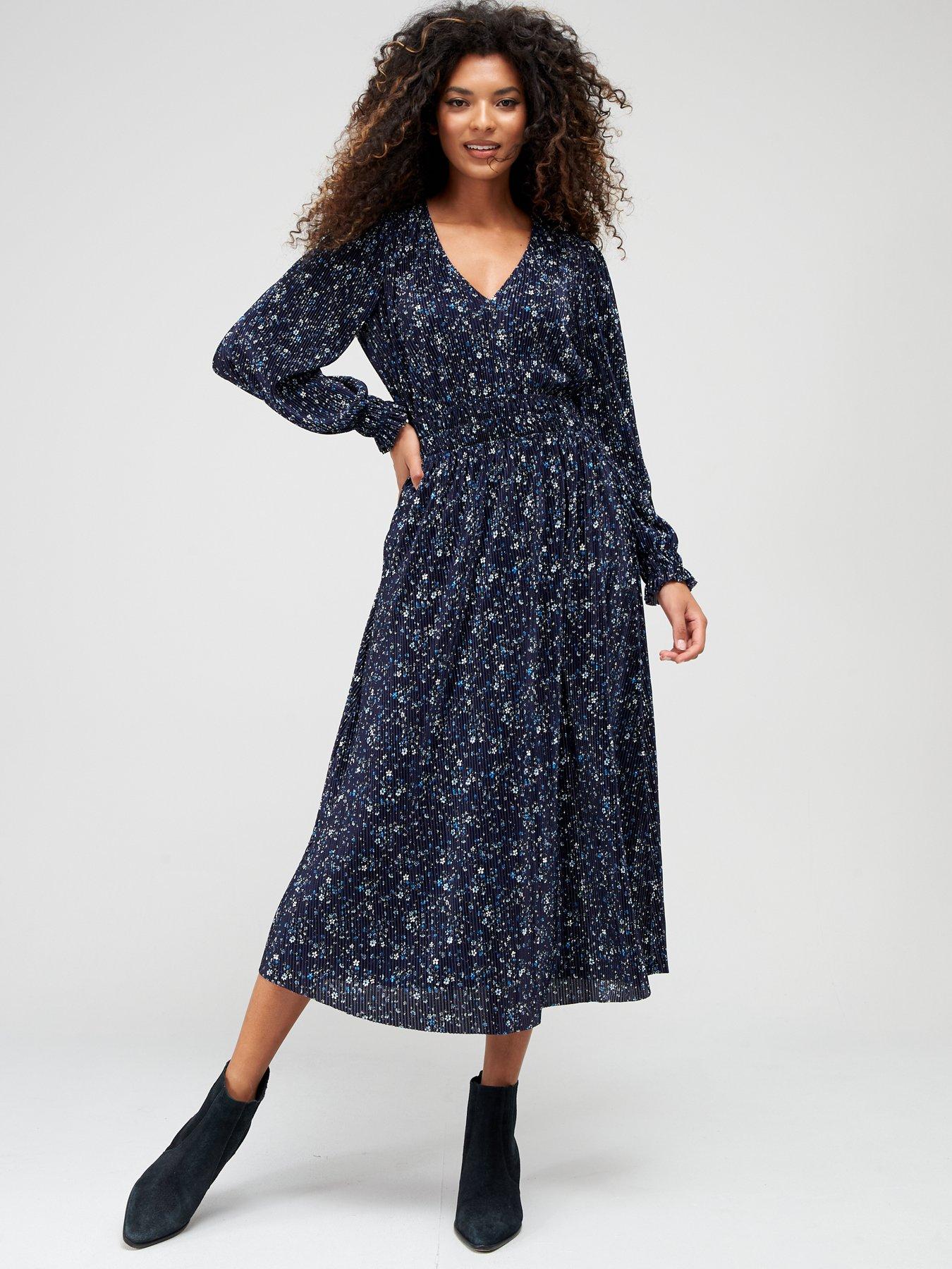 V by Very Plisse Midi Dress - Navy Floral | very.co.uk