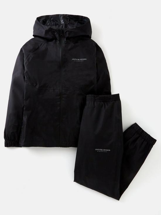 front image of jack-jones-junior-boys-solar-rain-jacket-and-trousers-suit-black