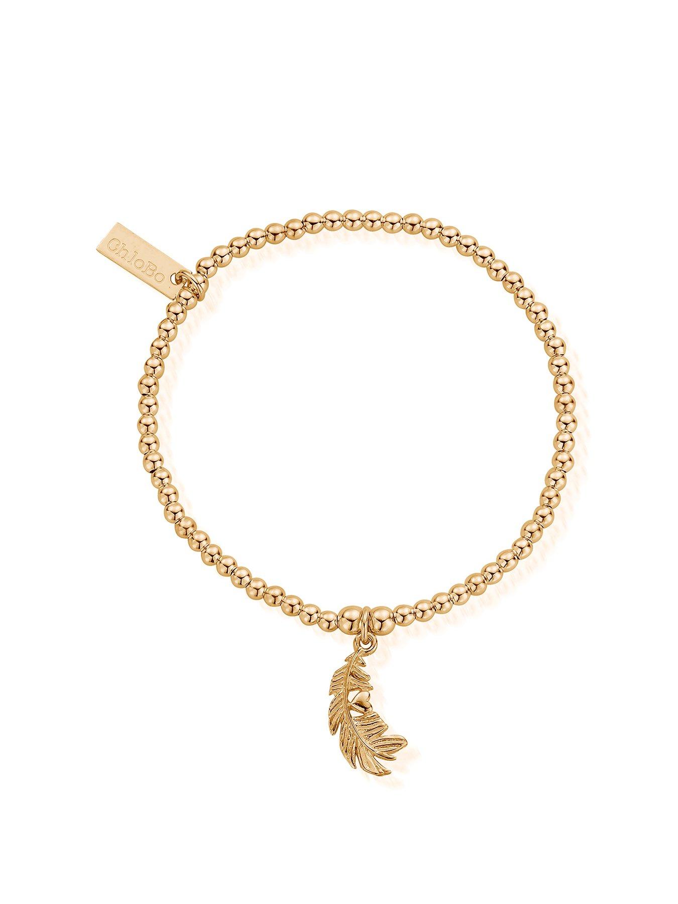 Women Gold Cute Charm Feather Heart Bracelet Gold Plated 925 Sterling Silver
