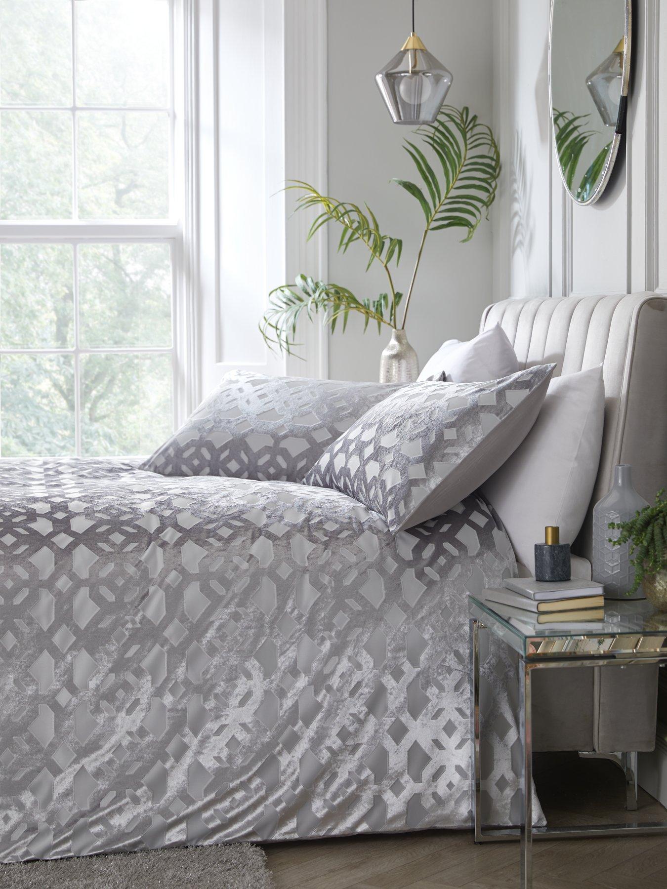 Product photograph of Cut Velvet Geometric Duvet Cover Set - Grey from very.co.uk