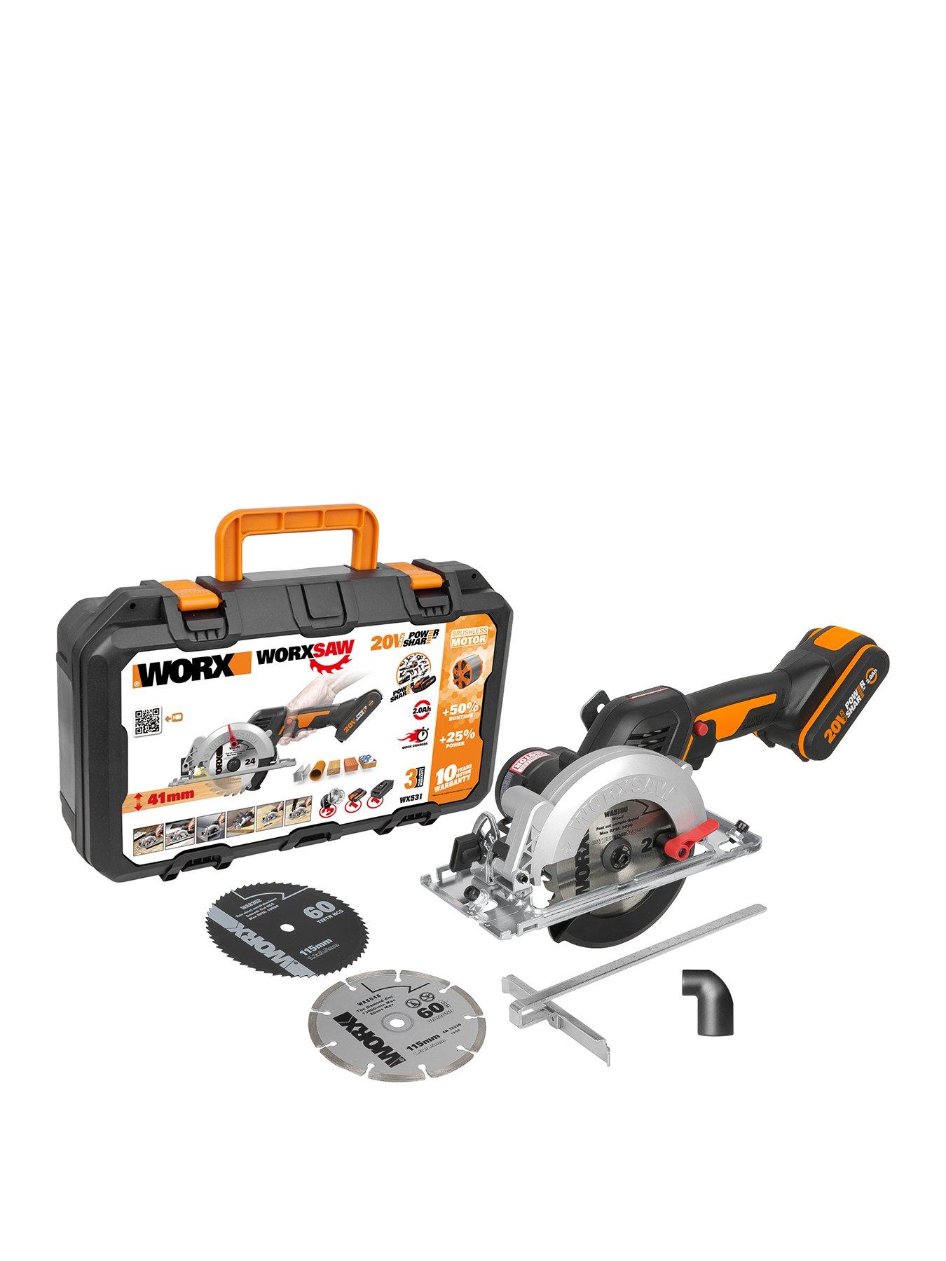 Product photograph of Worx 20v 46mm Cordless Brushless Compact Worxsaw With X1 2 0ah Battery Amp Charger from very.co.uk