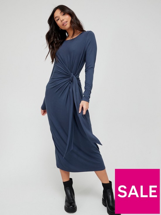 front image of v-by-very-tie-waist-midi-dress-washed-navy