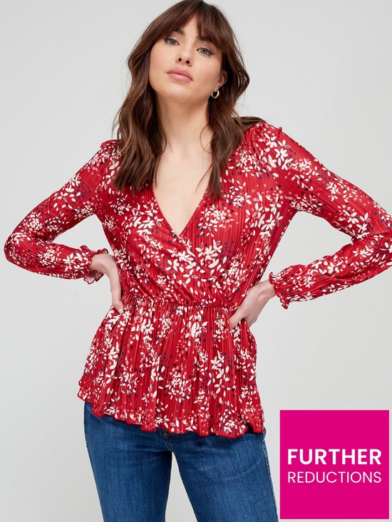 front image of v-by-very-plisse-peplum-wrap-top-red-print