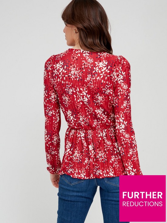 stillFront image of v-by-very-plisse-peplum-wrap-top-red-print