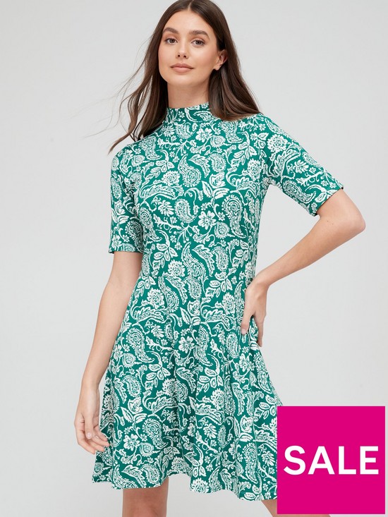 front image of v-by-very-high-neck-jerseynbspskater-dress-green-paisley