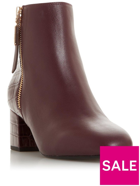 front image of dune-london-orlla-jl-leather-side-zip-heeled-ankle-boots-burgundy