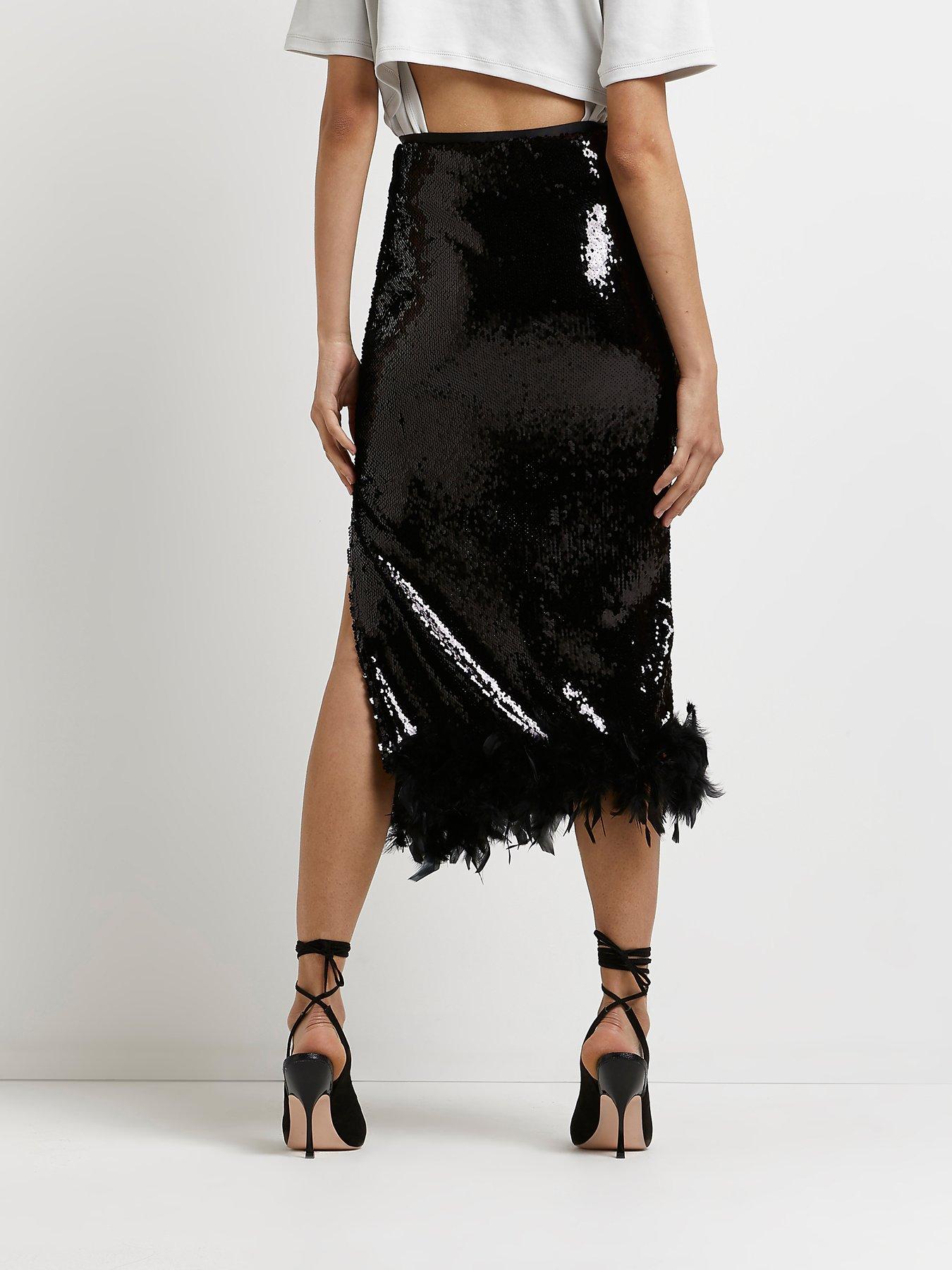  Sequin Pencil Feather Skirt - Black