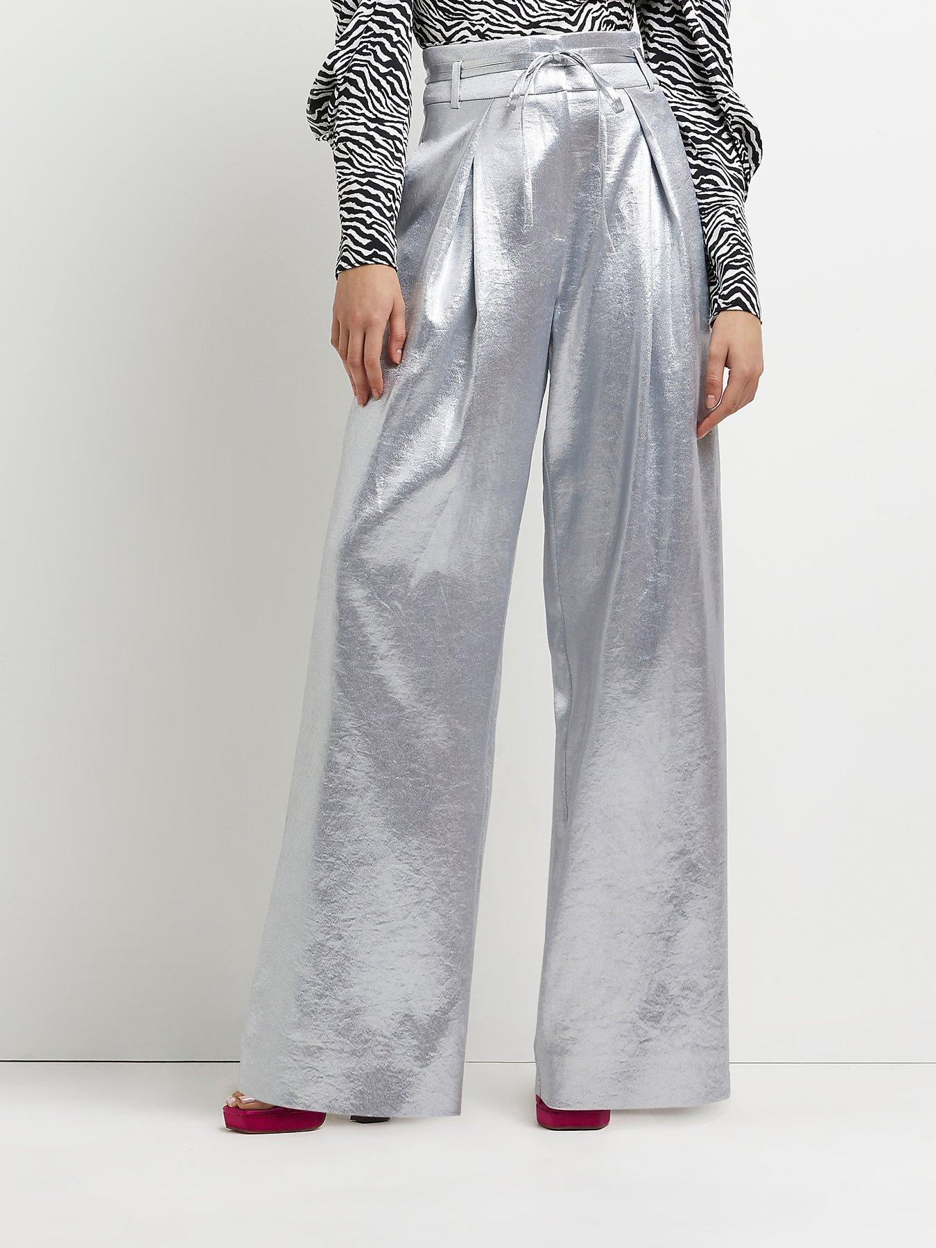 Women Metallic Pleated Wide Trouser- Silver